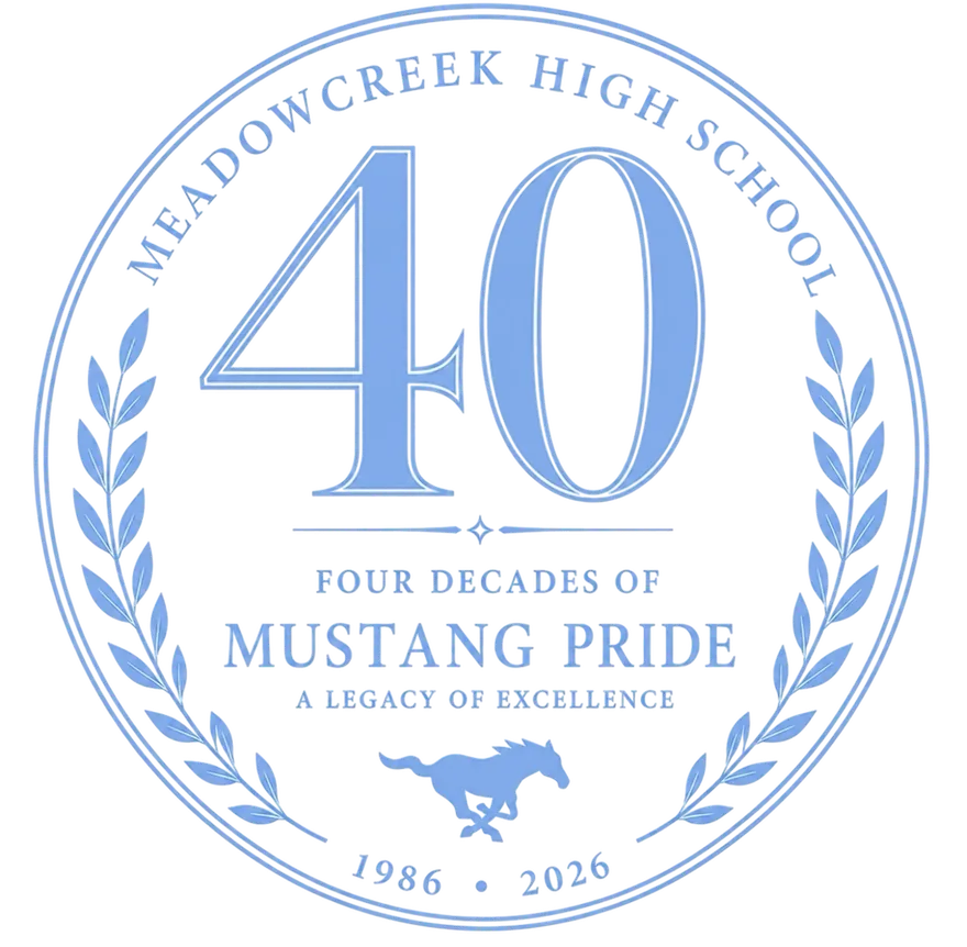 Meadowcreek High School 40th Anniversary seal: Four Decades of Mustang Pride, A Legacy of Excellence, 1986 to 2026